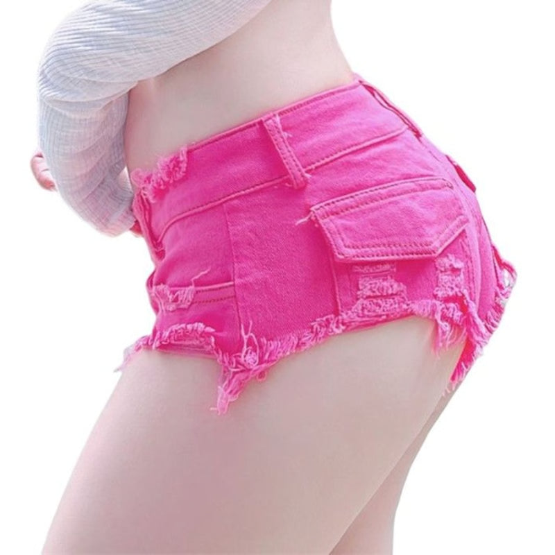 Sexy Super Low Waist Denim Shorts for Women, Nightclub Slim Fit with Broken Holes Design