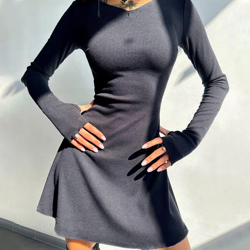 Winter New Black Sexy Short Dress, Elegant And Pretty Women Dresses, V Neck Long Sleeve Slim Solid Color Mini Dress