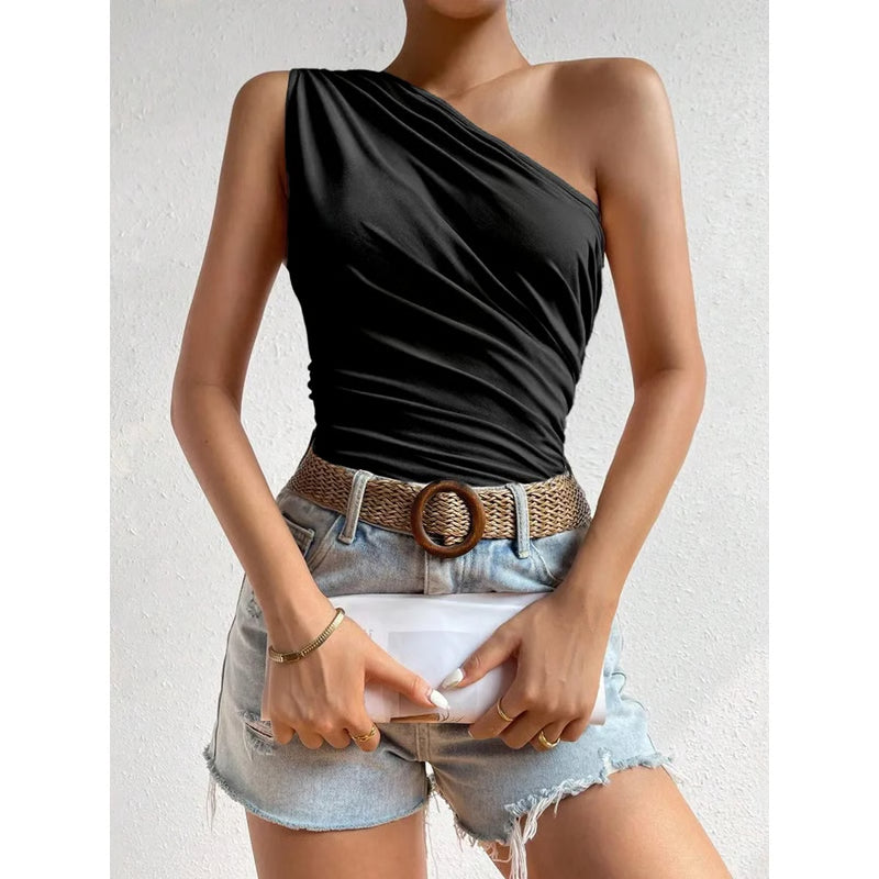 Summer One Shoulder Pleated Tank Top, Women Solid Sleeveless T-shirt, Off the Shoulder Ruched Streetwear Top