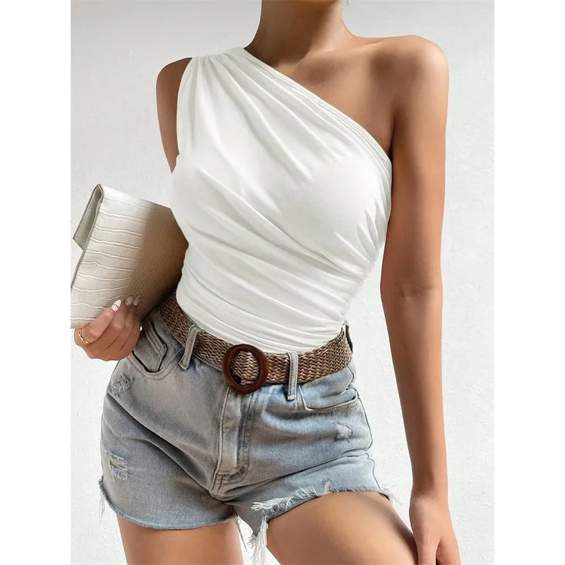 Summer One Shoulder Pleated Tank Top, Women Solid Sleeveless T-shirt, Off the Shoulder Ruched Streetwear Top