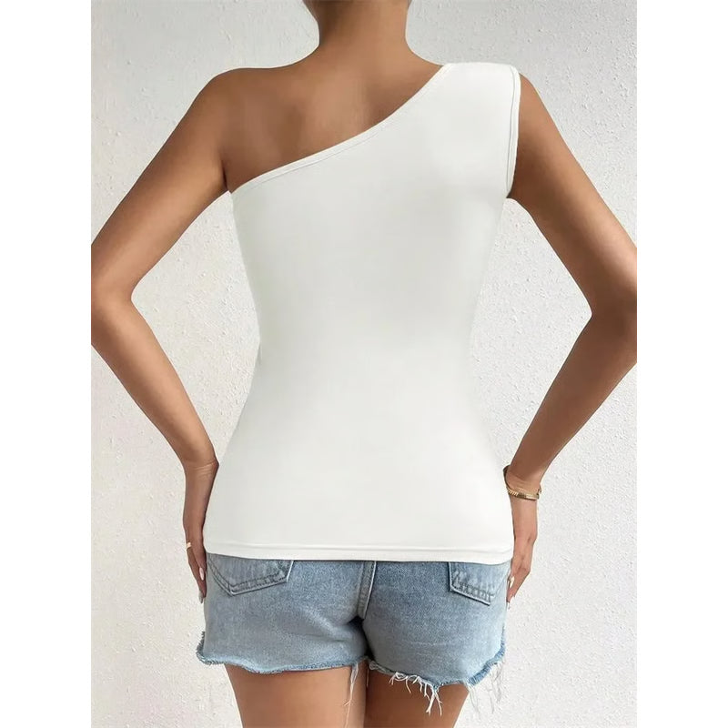 Summer One Shoulder Pleated Tank Top, Women Solid Sleeveless T-shirt, Off the Shoulder Ruched Streetwear Top
