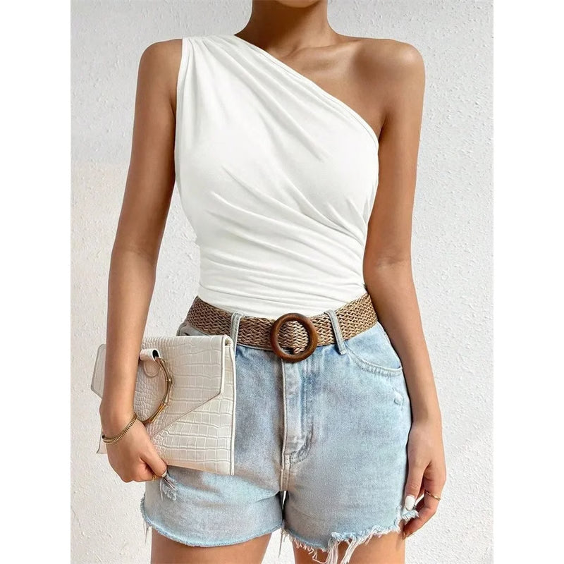 Summer One Shoulder Pleated Tank Top, Women Solid Sleeveless T-shirt, Off the Shoulder Ruched Streetwear Top
