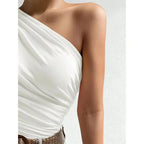 Summer One Shoulder Pleated Tank Top, Women Solid Sleeveless T-shirt, Off the Shoulder Ruched Streetwear Top