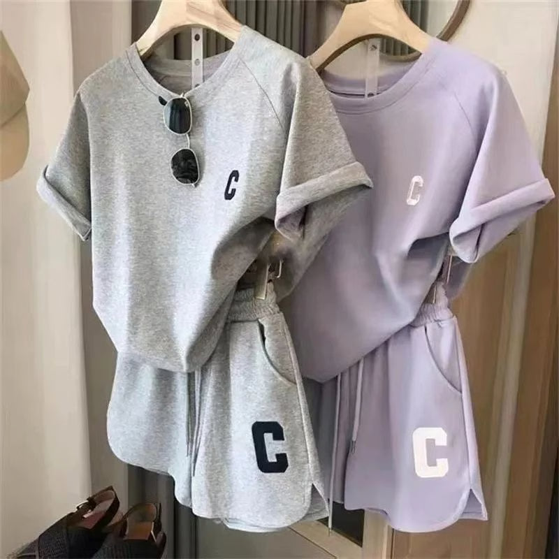 Womens Summer Two Piece Casual T Shirt and Shorts Set