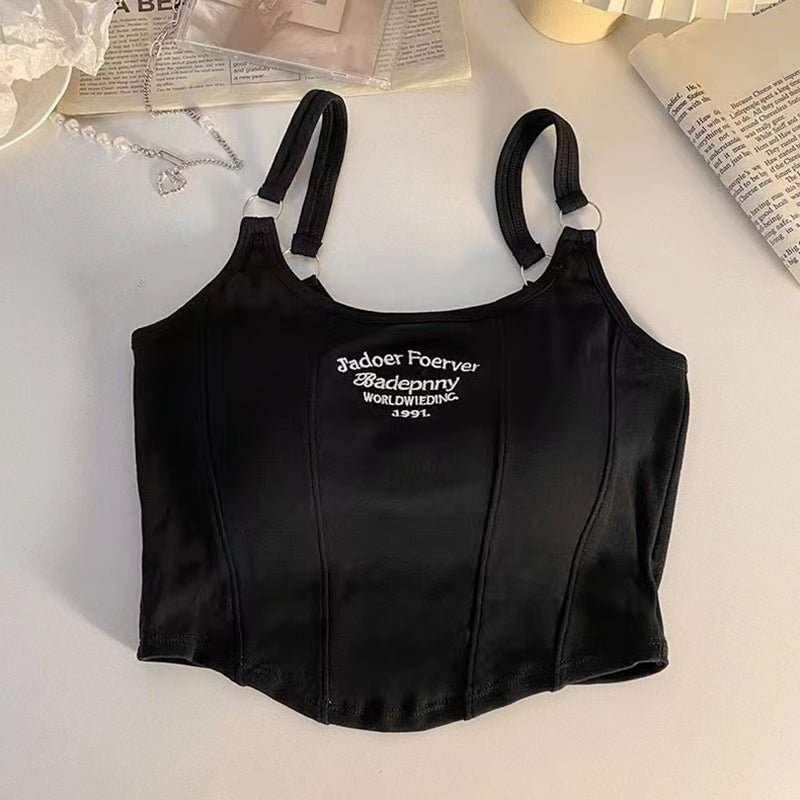 Casual Camis Women Embroid Letter Tank Tops, Bra Pad Crop Tops For Women, Shoulder Belt Iron Ring Tank Tops