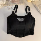 Casual Camis Women Embroid Letter Tank Tops, Bra Pad Crop Tops For Women, Shoulder Belt Iron Ring Tank Tops