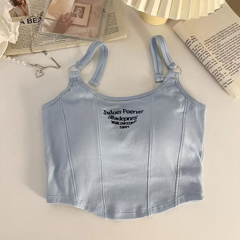 Casual Camis Women Embroid Letter Tank Tops, Bra Pad Crop Tops For Women, Shoulder Belt Iron Ring Tank Tops
