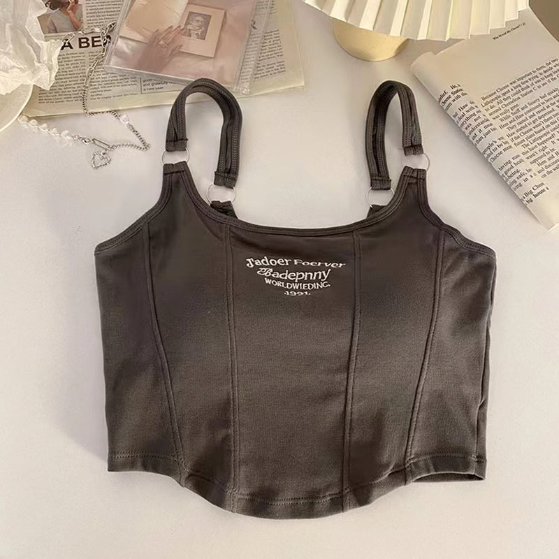 Casual Camis Women Embroid Letter Tank Tops, Bra Pad Crop Tops For Women, Shoulder Belt Iron Ring Tank Tops
