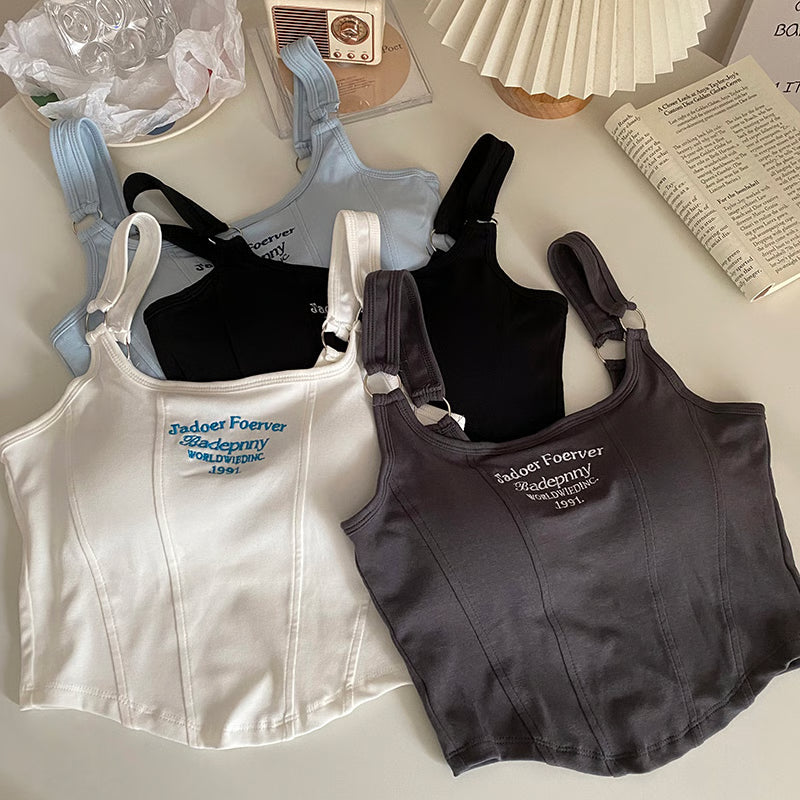 Casual Camis Women Embroid Letter Tank Tops, Bra Pad Crop Tops For Women, Shoulder Belt Iron Ring Tank Tops