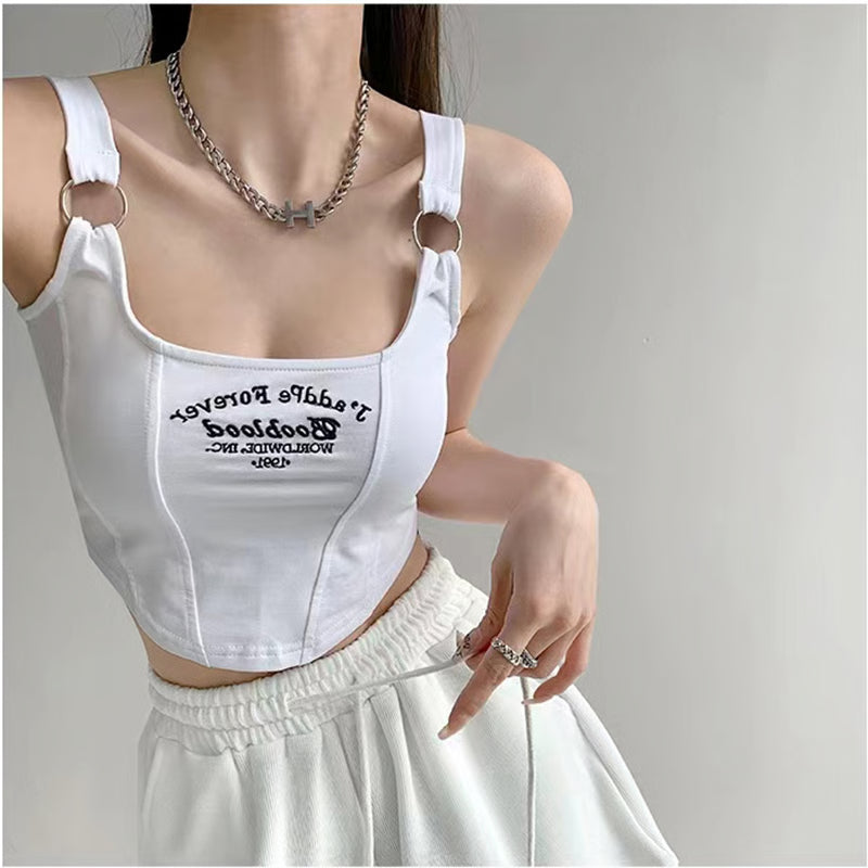 Casual Camis Women Embroid Letter Tank Tops, Bra Pad Crop Tops For Women, Shoulder Belt Iron Ring Tank Tops