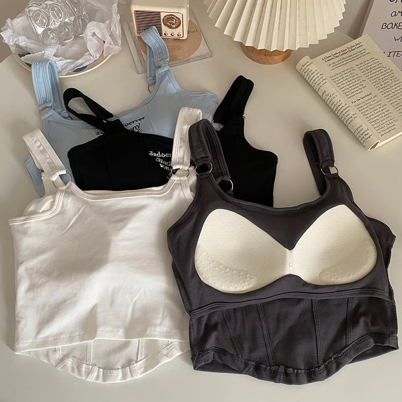 Casual Camis Women Embroid Letter Tank Tops, Bra Pad Crop Tops For Women, Shoulder Belt Iron Ring Tank Tops