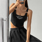 Casual Camis Women Embroid Letter Tank Tops, Bra Pad Crop Tops For Women, Shoulder Belt Iron Ring Tank Tops