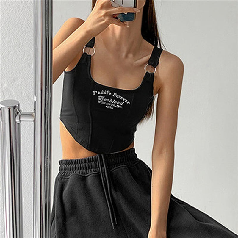 Casual Camis Women Embroid Letter Tank Tops, Bra Pad Crop Tops For Women, Shoulder Belt Iron Ring Tank Tops