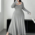 Plus Size A-Line Maxi Dress – Elegant Knit Waist-Slimming Casual Dress