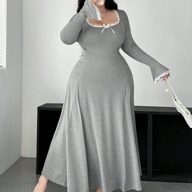 Plus Size A-Line Maxi Dress – Elegant Knit Waist-Slimming Casual Dress