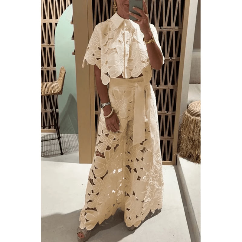 Elegant Lapel Shirt and Wide Leg Pants TwoPiece Suit for Women