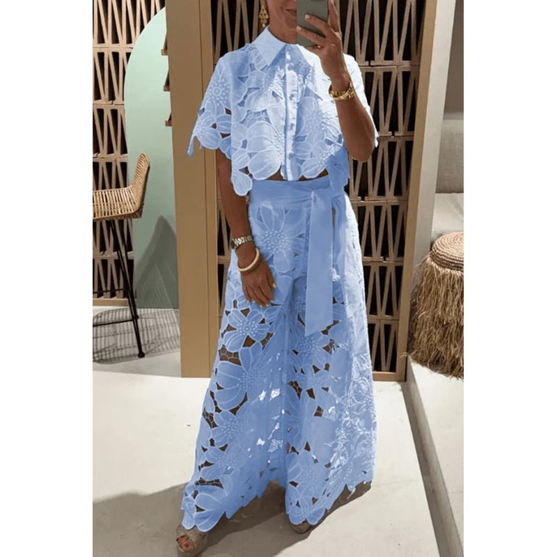 Elegant Lapel Shirt and Wide Leg Pants TwoPiece Suit for Women