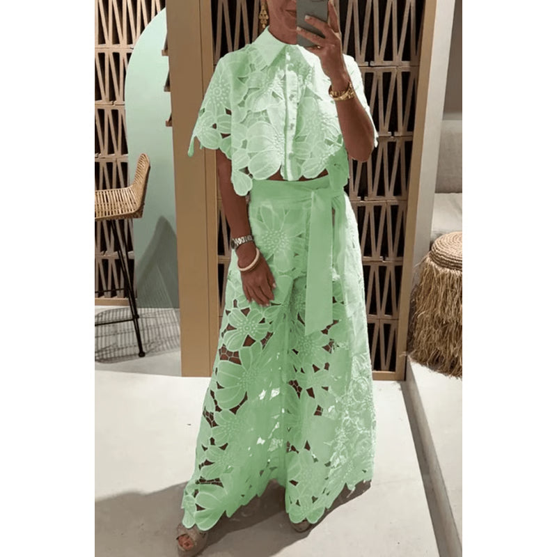 Elegant Lapel Shirt and Wide Leg Pants TwoPiece Suit for Women