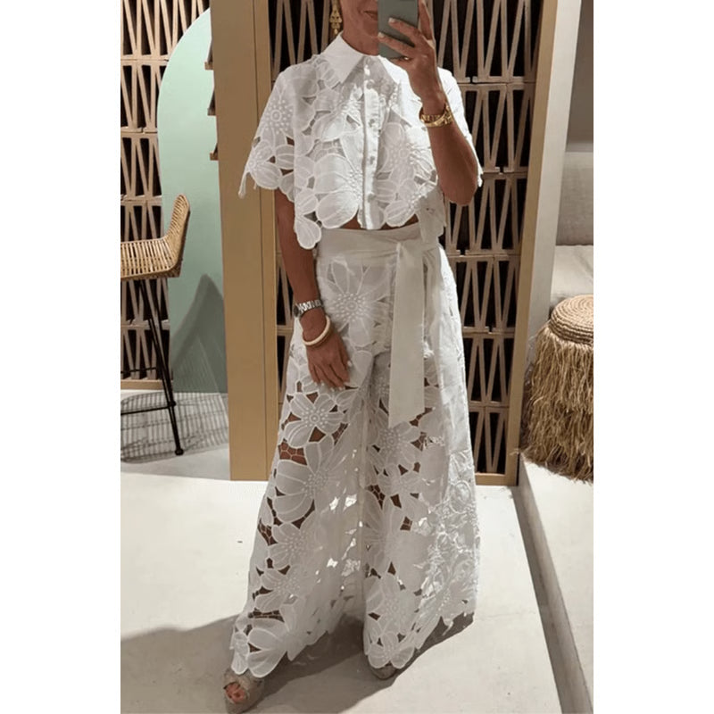 Elegant Lapel Shirt and Wide Leg Pants TwoPiece Suit for Women