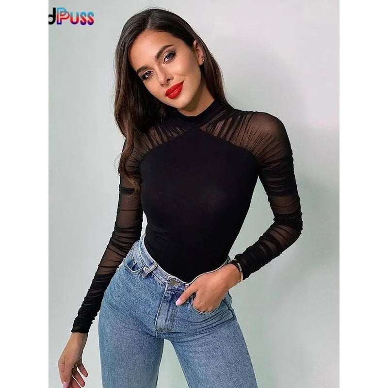 Weird Puss Mesh Patchwork Bodysuit Womens Ruched Turtleneck Bodysuit Long Sleeve Bodycon Top